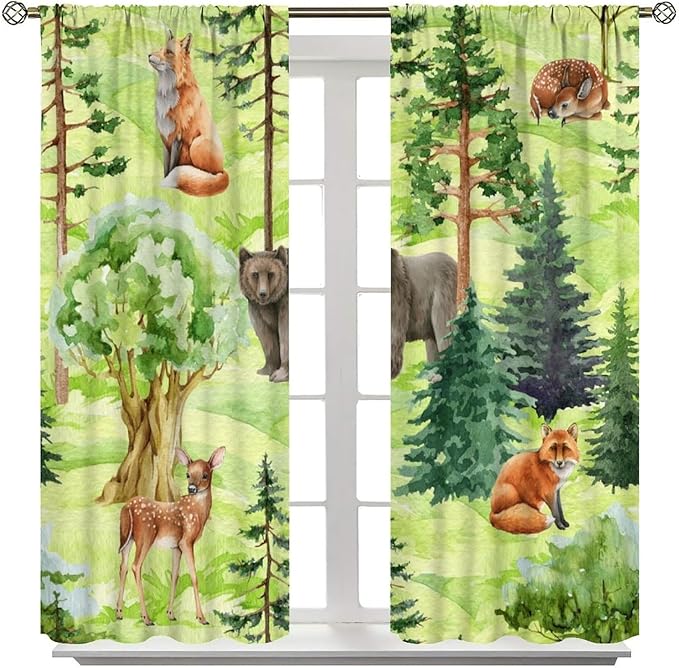 Woodland Animal Curtains, Watercolor Jungle Animals Fox Bear Pattern Blackout Window Treatments, Rod Pocket Thermal Insulated Drapes 2 Panel Sets for Kids Bedroom Nursery Classroom, 42" W X 63" L