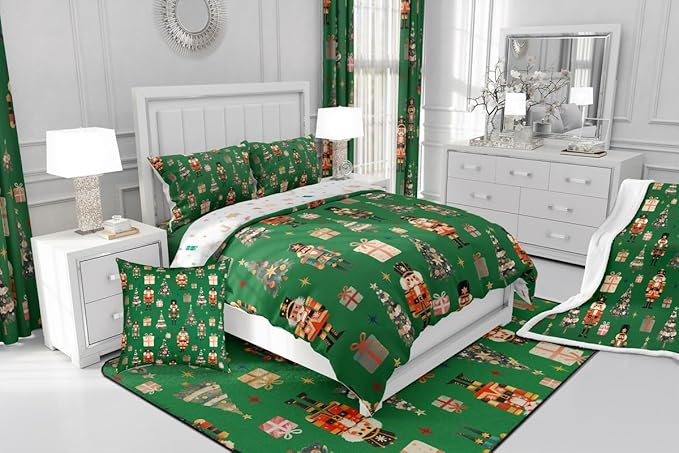 jejeloiu Xmas Nutcracker Comforter Set Queen Size Christmas Green Bedding Set for Kids Boys Girls Cute Snowflakes Duvet Quilt Bedroom Decor