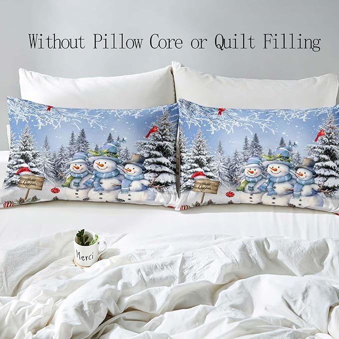 LUVIVIHOME 3PCS Snowman Duvet Cover Queen Bedding Set, Boys Girls Kids Bedding, Red Cardinal Bird Santa Hat Xmas Balls Christmas Tree Winter Holiday Light Blue Christmas Comforter Cover 2 Pillow Cases