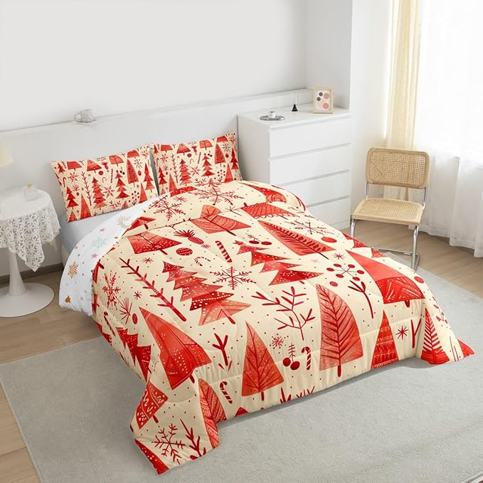 Feelyou Christmas Bedding Set Soft for Boys Girls, Xmas Tree Comforter Set King Size Snowflake Candy Duvet Quilt Microfiber Pine Tree Bedroom Decor 3 Pcs with 2 Pillow Cases