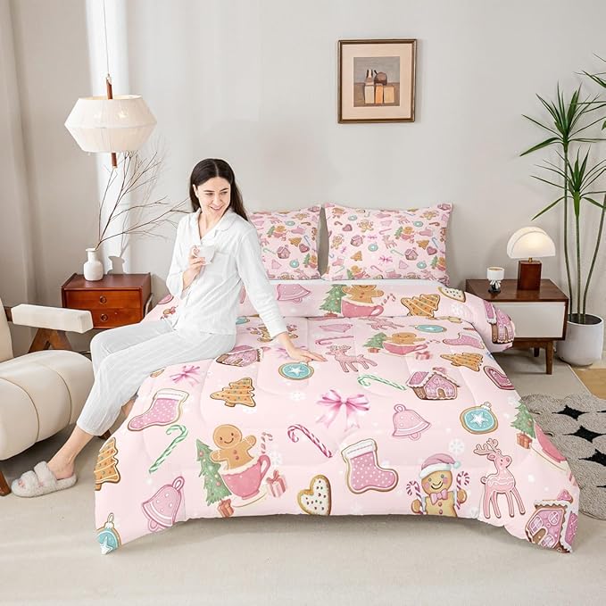 Merry Christmas Kids Bedding Set Queen Size,Gingerbread Man Elk Deer Bowknot Comforter Set,Cute Girly Bow Tie Xmas Tree Quilt Comforter,Pink Colorful Bedroom Duvet Insert,2 Pillowcases