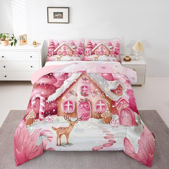 jejeloiu Kids Christmas Theme Comforter Set King Size Pink Xmas Candy Cane House Bedding Set for Boys Girls Teens Cute Cartoon Deer Winter Animal Happy New Year Duvet Quilt Room Decor