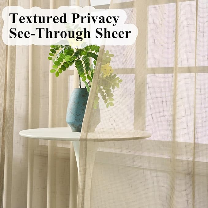 Taupe Sheer Curtains 90 Inches Long, Neutral Linen Look Textured Light Filtering Drapes Decor, Tan Beige Transparent Window Treatments, Rustic Pinch Pleat Curtain with Hooks