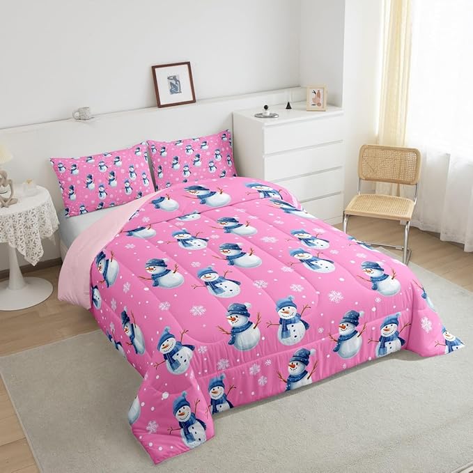 jejeloiu Kids Cute Winter Snowman Comforter Set Toddler Pink Christmas Theme Bedding Set for Boys Girls Teens Xmas Snowflake Happy New Year Duvet Quilt Room Decor