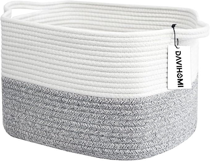 Small Woven Cotton Rope Basket for Organizing, Gift Baskets for Handles, Empty Gift Baskets, Toy Basket for bins|13.5" x 11" x 9.5" home decor for Living Room, Bathroom（White Grey）