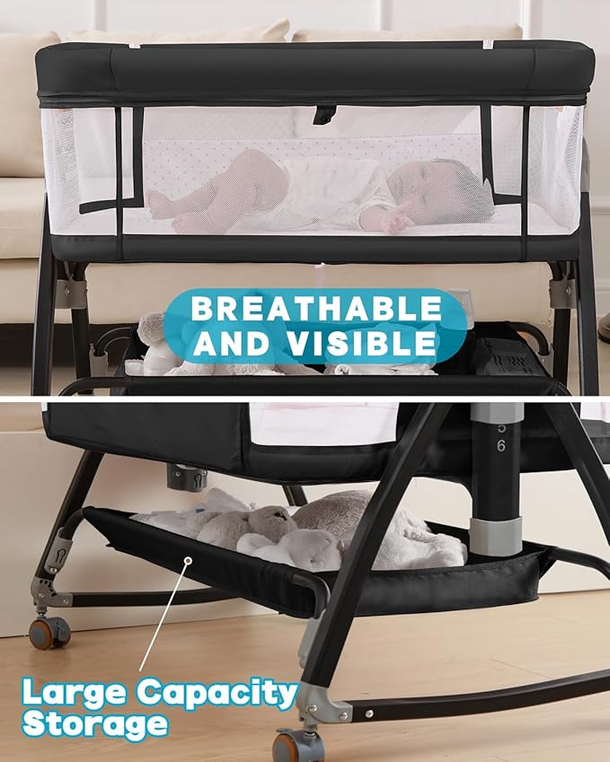 3 in 1 Baby Bassinet Crib with Breathable Mesh, Bassinet Bedside Sleeper with Wheels, Mosquito Net, Storage Basket, 6 Height Adjustable, Easy to Fold, Rocking Bassinet for Baby, Black