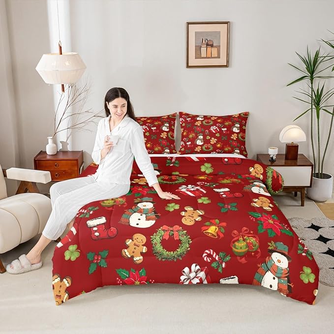 jejeloiu Merry Christmas Comforter Set Toddler Size Cute Snowman Bedding Set for Kids Boys Girls Gingerbread Man Duvet Quilt Red Bedroom Decor