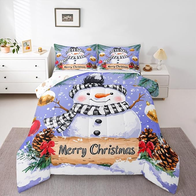 Feelyou Merry Christmas Comforter Set All Season Cute Snowman Bedding Set with 1 Pillow Cases Snowflake Microfiber Kids Toddler Bedclothes Winter Bedroom Decor Duvet Quilt Breathable Soft