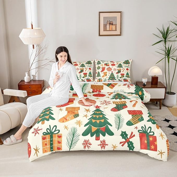 Feelyou Christmas Comforter Set All Season Xmas Tree Bedding Set with 2 Pillow Cases New Year Gift Microfiber Kids Queen Bedclothes Christmas Stockings Bedroom Decor Duvet Quilt Breathable Soft
