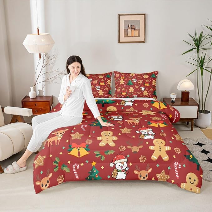 Feelyou Merry Christmas Comforter Set Twin Size Gingerbread Man Bedding Set for Kids Boys Girls Cute Deer Duvet Quilt Christmas Tree Microfiber 2 Pcs with 1 Pillow Cases