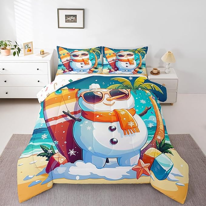 Manfei Cute Snowman Comforter Set Full Size, Christmas Theme Bedding Set for Kids Boys Girls, Beach Surfboard Palm Tree Down Comforter for All Season, Lightweight Duvet Insert, 2 Pillowcases