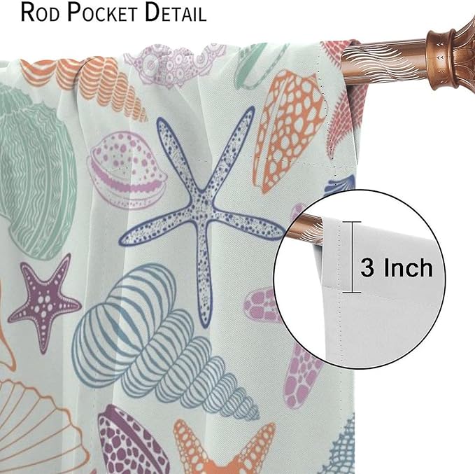 BAEKJIN Coastal Nautical Curtains,Colorful Starfish Seashell Beach Sea Starfish Seashell Theme Pattern Print Decor Home Bedroom Living Room Window Treatmen 2 Panel Set 42x45 Inch