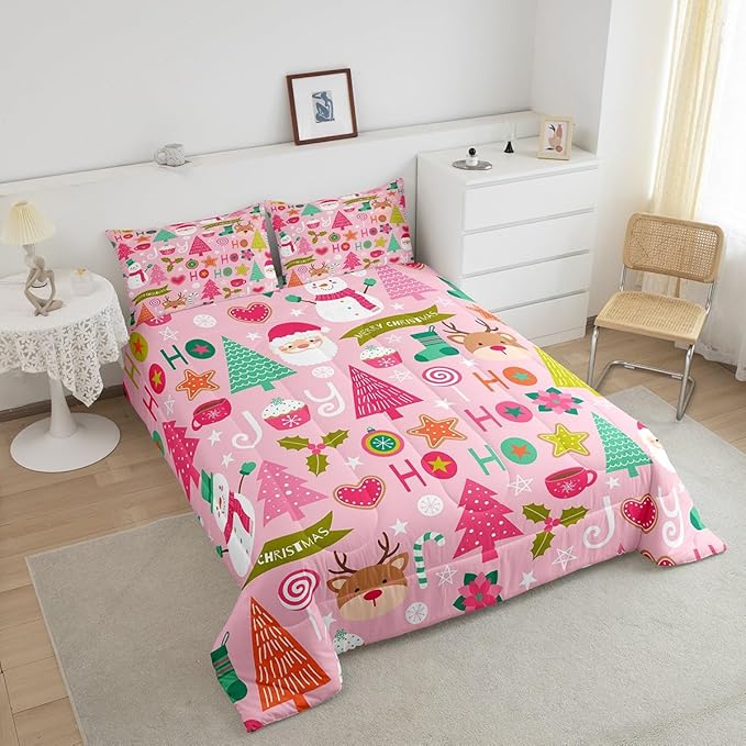 Merry Christmas Kids Comforter Set King Size,Cartoon Santa Claus Snowman Bedding Set,Boys Girls Adults Room Decor,Christmas Trees Deer Cute Down Comforter,Pink Romantic Duvet Insert,2 Pillowcases