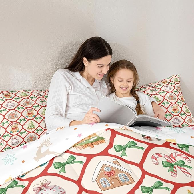 Manfei Merry Christmas Girls Bedding Set Twin Size,Kawaii Bowknot Cartoon Xmas Bear Comforter Set,Pine Tree Geometric Lattice Quilt Comforter Teens,Beige Red Green Room Decor All Season,1 Pillowcase