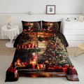 Merry Christmas Comforter Set King Size,3D Christmas Fireplace Christmas Tree Duvet Insert for Kids Boys Girls Room Decor,Xmas Theme Bedding Set 3Pcs,Retro Wooden Stripes Quilt Set,2 Pillowcases