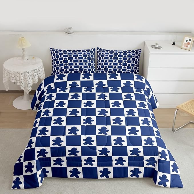 Feelyou Christmas Kids Comforter Set Toddler Size Checkered Bedding Set Gingerbread Man Duvet Quilt for Kids Boys Girls Bedroom Xmas Decorations Decor Blue Microfiber Ultra Soft Breathable