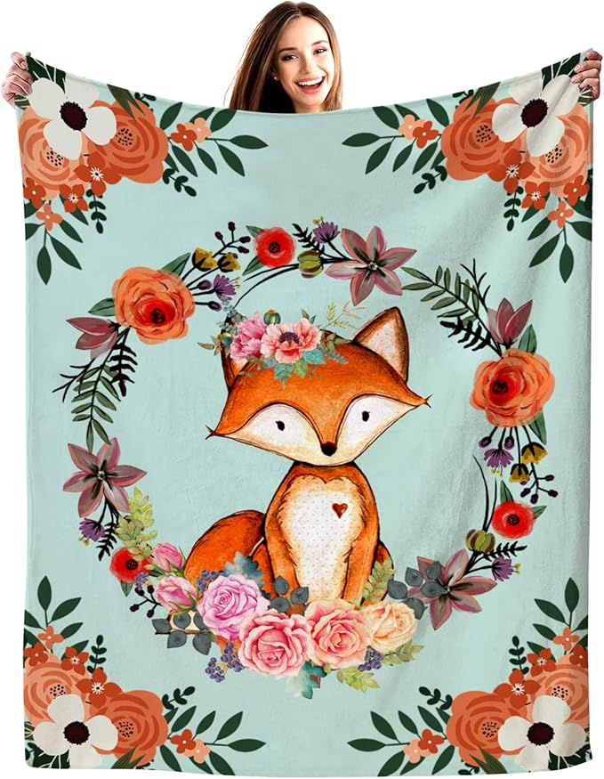 Fox Blanket Flower Fox Print Throw Blanket Ultra Soft Flannel Blankets Gifts for Kids Adults 50"x40"