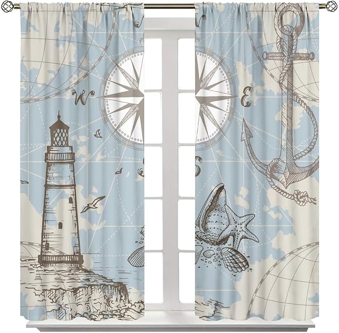 Nautical Theme Window Curtains, 2 Panels, 42x45 Inches, Rustic Nautical-3, Blackout, Wrinkle Resistant, Machine Washable, Bedroom, Bathroom, Kitchen, Living Room, Dorm