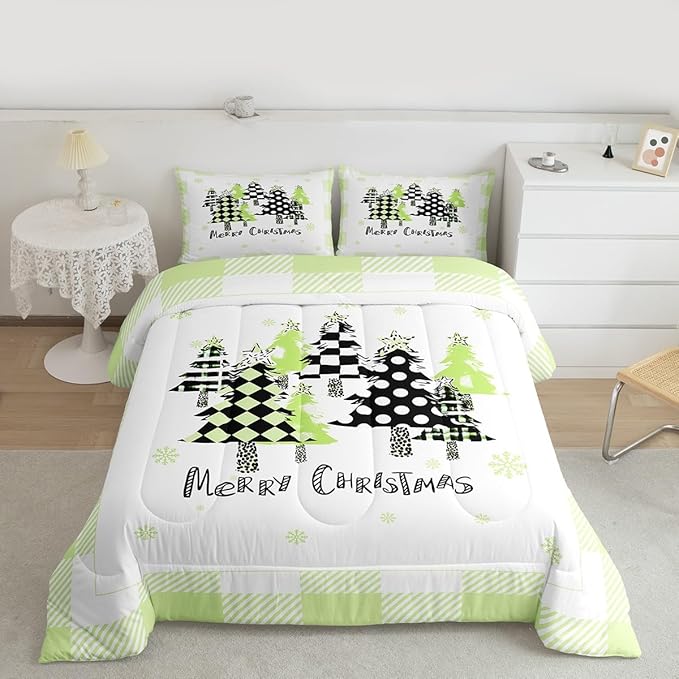 Manfei Xmas Trees Comforter Set Full Size, Green Plaid Grid Snowflake Bedding Set 3pcs for Kids Girls Adults Bedroom Decor, Christmas Theme Down Comforter New Year Quilt Set with 2 Pillowcases