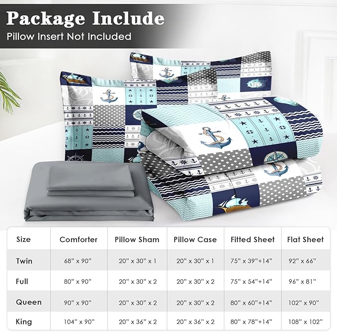 7 Pcs Queen Size Comforter Set with 2 Pillowcases & 2 Shams, Nautical Blue Marine Summer Bedding for Kids and Adults, Sea Ocean Boat Plaid Bed in a Bag with Flat Fitted Sheet