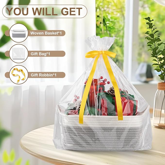 OIAHOMY Small Woven Rope Basket with Gift Bags and Ribbons, Gift Basket Empty for Baby Shower Birthday, Halloween, Christmas, Cute Cat Ear Handles for Shelf Living Room Bathroom, Grey & White