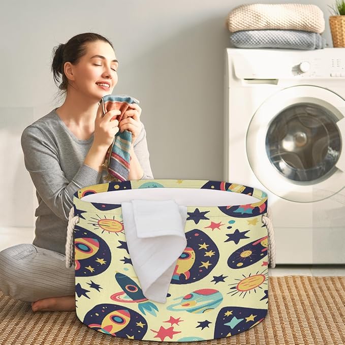 Colorful Space Pattern Round Storage Basket for Laundry & Toys, Lightweight Fabric Laundry Hamper with Handles, Foldable Large Organizer Bin for Bedroom Bathroom Nursery Dorm