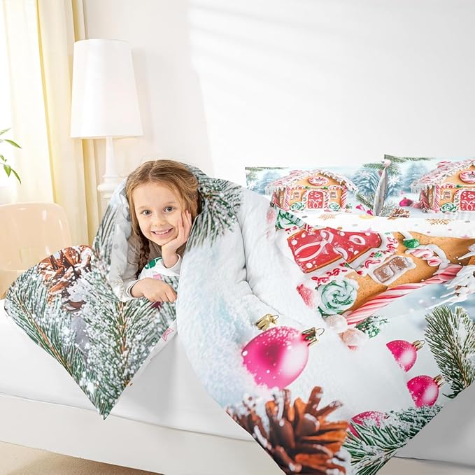 Feelyou Christmas Snowscape House Landscape Bedding Set Soft for Boys Girls,Gingerbread House Comforter Set Toddler Size Candy Canes Duvet Quilt Pine Branches Bedroom Decor 2 Pcs with 1 Pillow Cases
