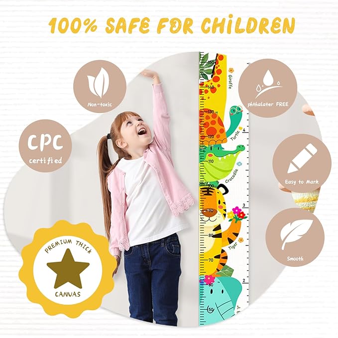 Personalized Name Height Chart for Kids, Kids Growth Chart for Wall, 59" X 7.9" Canvas Removable Height Chart Measuring Ruler for Kids & Baby(Paint Forest Animals）