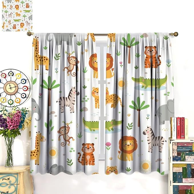 Cartoon Animal Curtains, Safari Woodland Jungle Forest Wildlife Window Treatments, Rod Pocket Thermal Insulated Drapes 2 Panel Sets for Kids Bedroom Nursery Classroom, 42" W X 45" L
