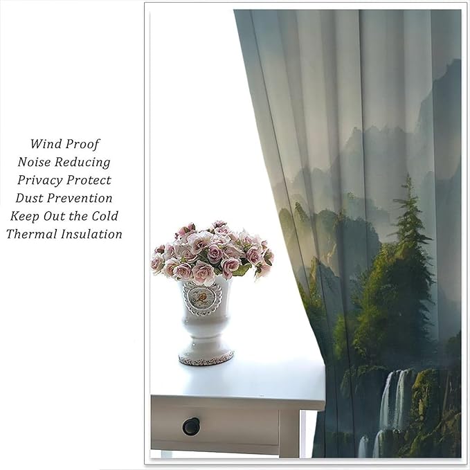 Landscape Theme Waterfall Blackout Curtains, Waterfall Mountains Jungle Printed Natural Scenery Window Drapes, for Bedroom Living Room 42" W X 45" L