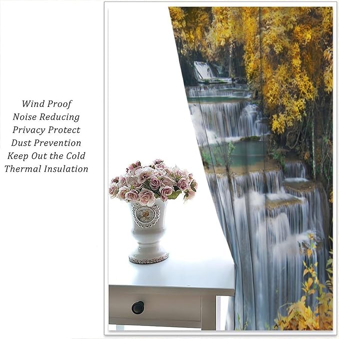 Waterfall Blackout Curtain, Autumn Season Trees Leaves Natural Landscape Window Drapes, for Bedroom Living Room 52" W X 84" L