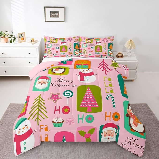 Erosebridal Christmas Kids Comforter Set Toddler Size Cartoon Santa Claus Quilts Boys Girls Room Decor Merry Xmas Penguin Bedding Set Christmas Tree Snowman Down Comforter,Pink