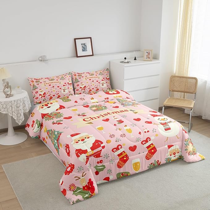 Feelyou Christmas Bedding Set for Kids Boys Girls Queen Size Cute Santa Claus Comforter Set Ultra Soft Comforter Xmas Tree Duvet Quilt Bedroom Decor Christmas Decor Quilt