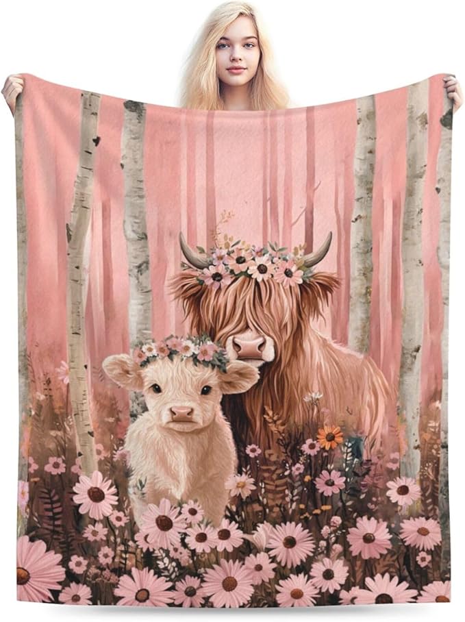 Highland Cow Blanket Pink Forest Cattle Daisy Decor Throw Blanket Super Soft Flannel Lightweight Fluffy Plush Fuzzy Fleece Blanket Gifts for Girl Woman Boys Kids Adults Man for Bed Sofa 40"X50"