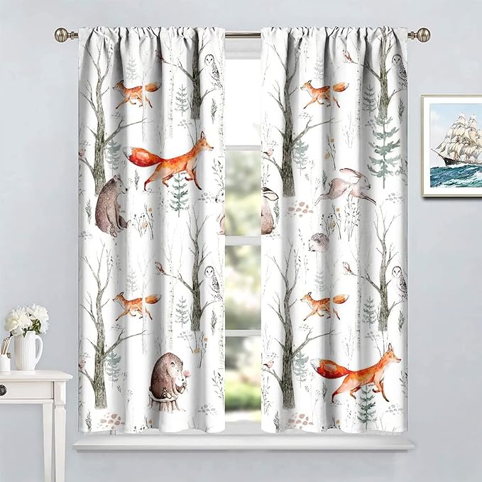 Rustic Forest Window Curtains, Watercolor Woodland Animals Owl Hedgehog Fox Butterfly Forest Squirrel and Bear Blackout Windows Door Curtain for Bedroom Living Room Home Decor 42x54in