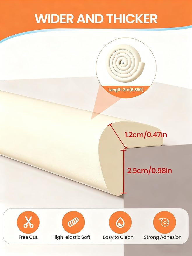 Baby Proof Edge Corner Protector, 6.56FT 0.47''Th L-Shape Furniture Corner & Edge Safety Bumpers with 6 Corners, Pre-Taped, Soft NBR Rubber Foam Desk Edge Cushion Wall Corner Protector（Beige）