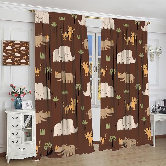 Jungle Safari Animals Blackout Curtains Cartoon Tropical Forest Animals Elephant Tiger Brown Art Print for Kids Boys Bedroom Nursery Rod Pocket Decoration Window Drapes 2 Panels W21xL45in