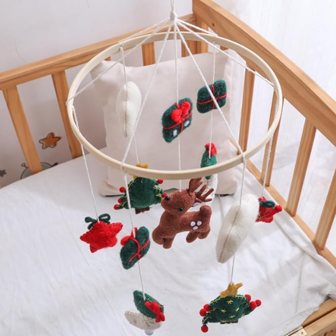 Baby Crib Mobile, Christmas Deer Crib Hanging Toy, Felt Xmas Tree Clouds Stars Baby Wind Chimes, Newborn Gifts for Girls Boys Toys Hanging Christmas Toys Mobile Hanger for