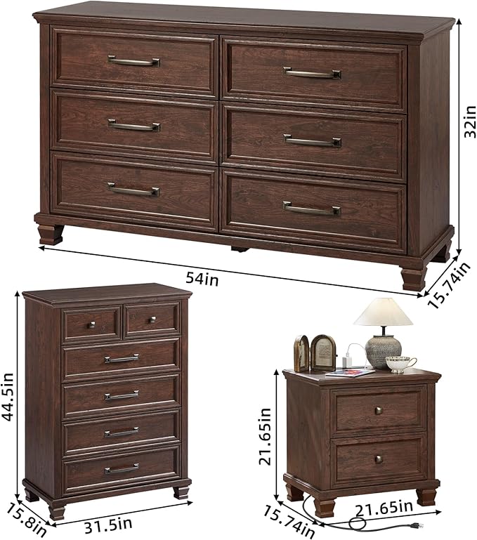 Farmhouse Bedroom Dresser and Nightstand Set of 4, 6 Drawer Tall & Low Dresser & 2 Drawer Nightstand Set, Rustic Wood Furniture Set for Bedroom, Hallway, Walnut