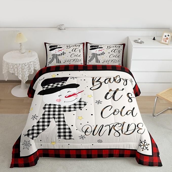Kids Christmas Snowman Comforter Set Full Size,Snowflake Winter Bedding Set,Girls Boys Adults Xmas Decor,Geometric Grids Lattices Patch Down Comforter,Red Rustic Vintage Duvet Insert,2 Pillowcases
