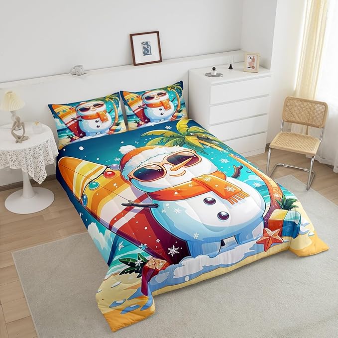 Manfei Cute Snowman Comforter Set King Size, Christmas Theme Bedding Set for Kids Boys Girls, Beach Surfboard Palm Tree Down Comforter for All Season, Lightweight Duvet Insert, 2 Pillowcases