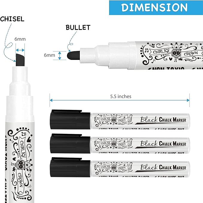 CHALKY CROWN Liquid Chalk Marker Pen - Dry Erase Marker - Chalk Markers for Chalkboard Signs, Windows, Blackboard, Glass - 6mm Reversible Tip (Black, 5 Pack)
