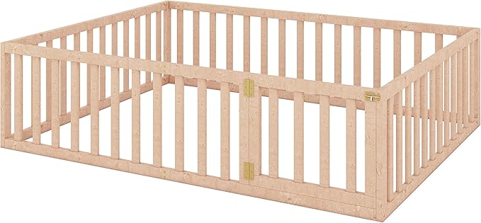 Merax Queen Floor Bed with Safety Guardrails and Door, Wood Montessori Floor Bed Frame for Kids, Queen Playhouse Bed Frame for Baby Girls and Boys, Natural