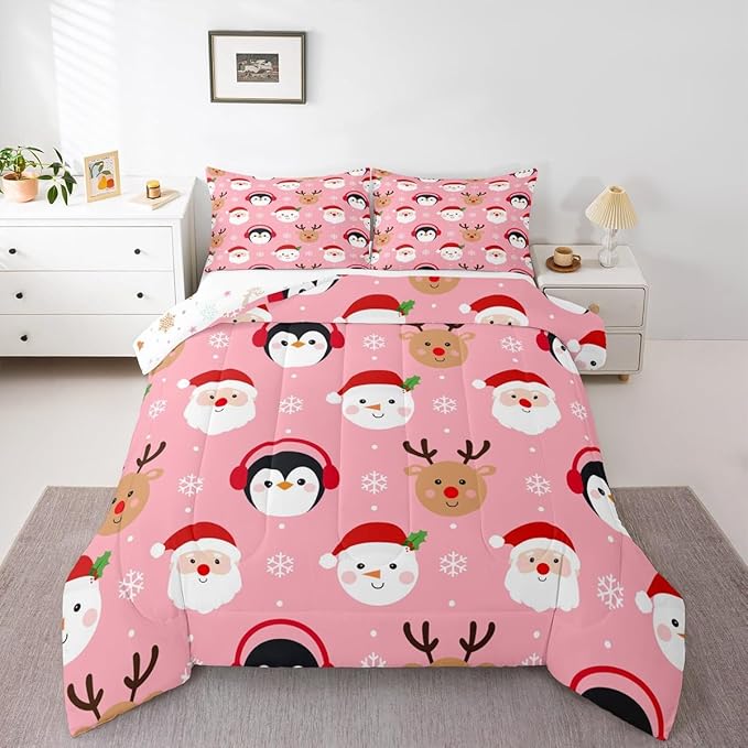 Feelyou Pink Christmas Comforter Set Queen Size Santa Claus Bedding Set for Kids Boys Girls Deer Penguin Duvet Quilt Snowman Bedroom Decor Microfiber 3 Pcs with 2 Pillow Cases