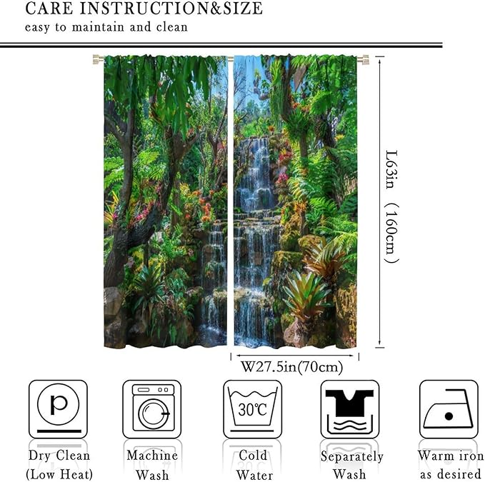 Waterfall Blackout Window Curtains, Spring Forest Nature Landscape Theme Pattern Print Window Drapes, for Living Room Bedroom 55x63in 2 Panels