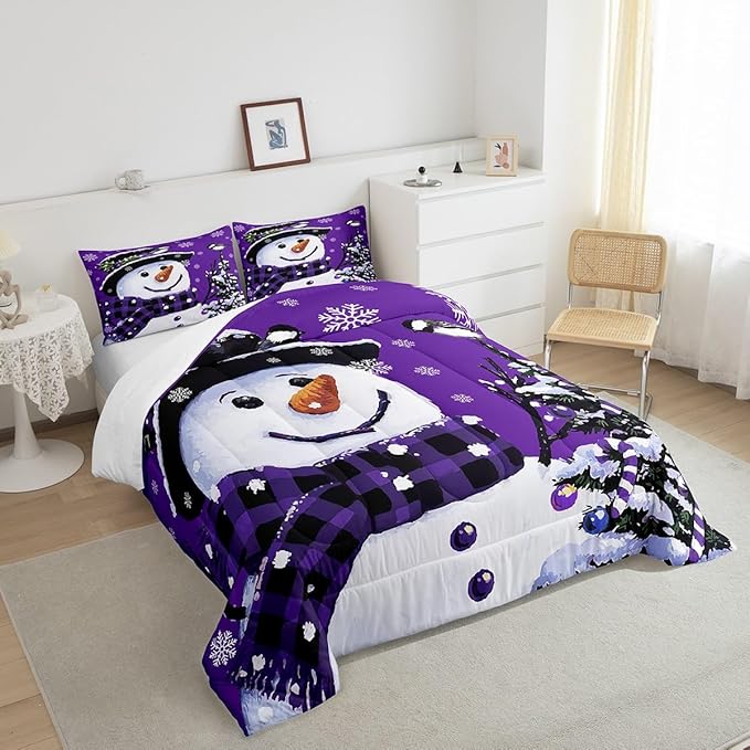 Feelyou Kids Christmas Theme Decorations Bedding Set Xmas Snowman Comforter Set for Boys Girls Snowflake Kawaii Cute Purple Bedroom Collection King Size