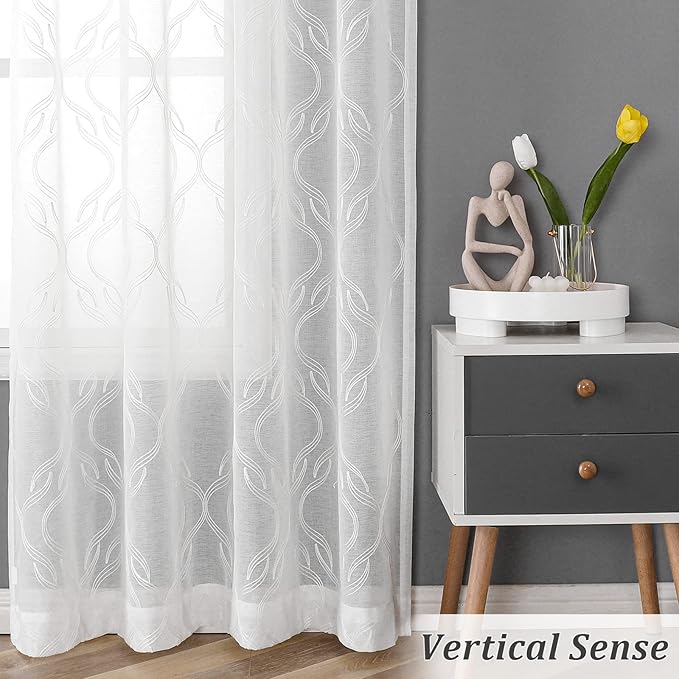 VISIONTEX Sheer Curtains 84 Inches Long 2 Panels Set, White Moroccan Embroidery Texture Geometric Rod Pocket White Voile Tulle Semi Window Treatment Pair for Bedroom, W54 x L84