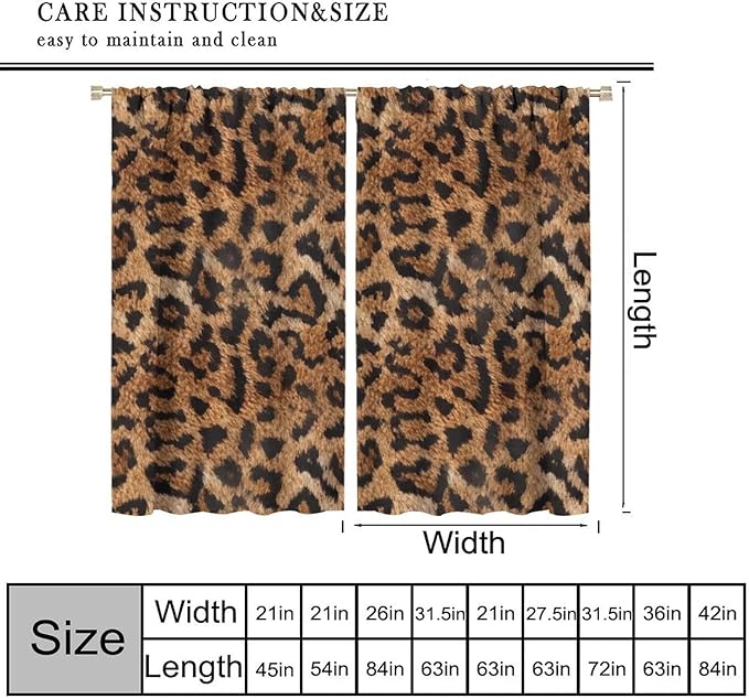 Leopard Print Window Curtains, Animal Fur Skin Brown Farmhouse Wild 3D Rustic Safari Theme Window Treatments for Kids Bedroom Living Room 52" W X 84" L