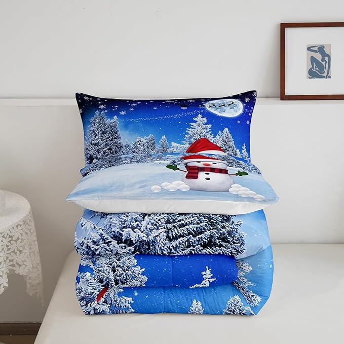 Feelyou Christmas Comforter Set Reindeer Snowman Snowflake Reversible King Size Decorations Bedding Set for Kids Boys Girls Xmas Winter Decor Comforter Dreamy Blue Quilt Room 3Pcs