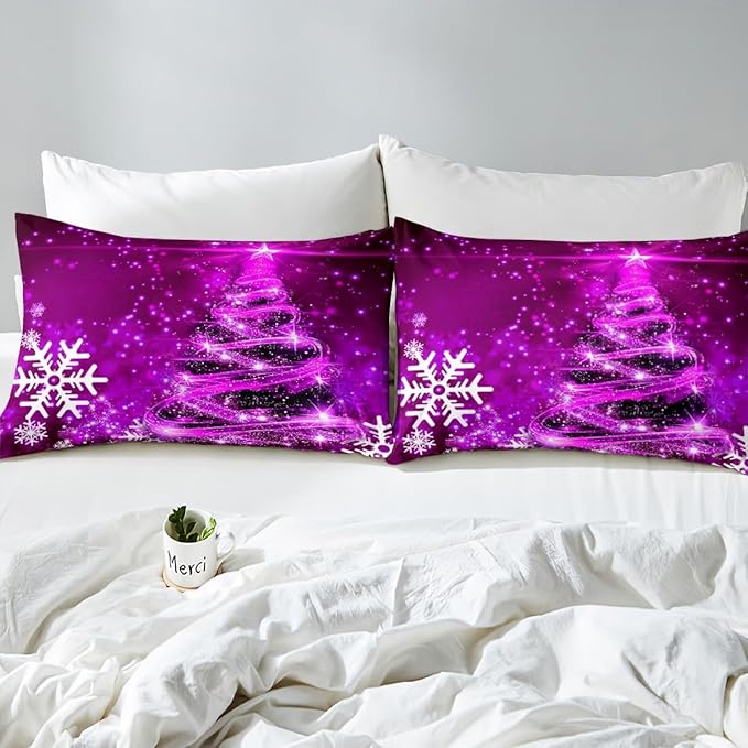 Manfei Purple Xmas Tree Duvet Cover Set Queen Size, White Snowflake Print Comforter Cover with 2 Pillowcases, New Year Theme Bedding Set 3pcs for Kids Boys Girls Bedroom Decor,No Comforter